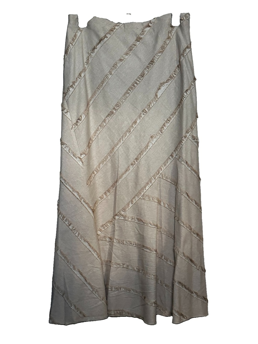 Asymmetrical Fringe Midi Skirt Pull-On Elastic Waist - TAN